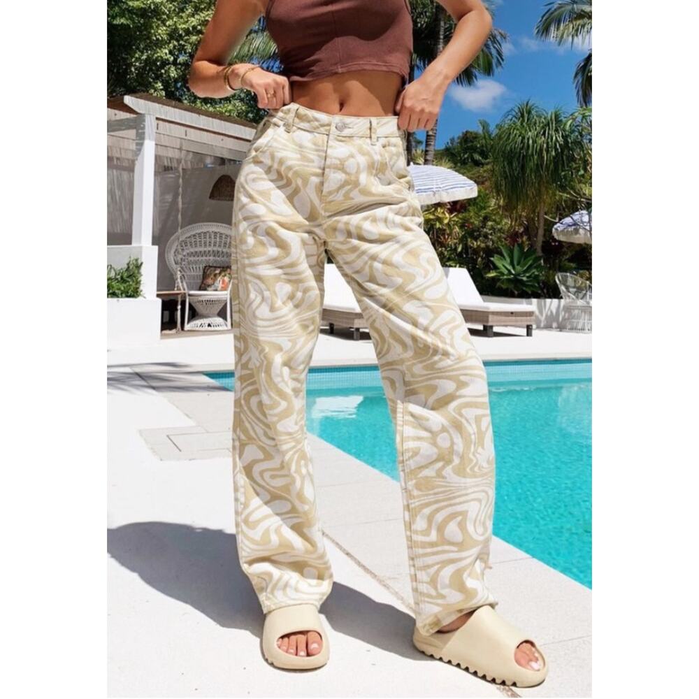 Tiger Mist Sergio Tan & White Swirl Print High Waist Boho Jeans XS